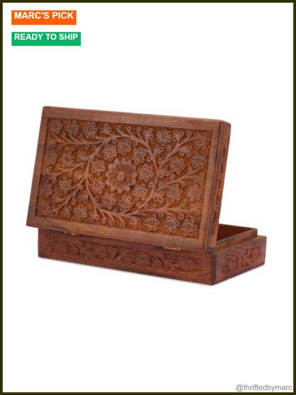 Hand Carved Wooden Jewelry Box Floral Design Keepsake